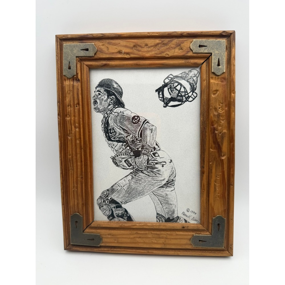Frank Nareau 1994 Baseball Catcher Ink Drawing Framed Sports Art 8x10